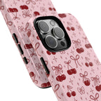 Cherry Pattern Phone Case — Cute Pink Cherries with Bows Durable Tough Case