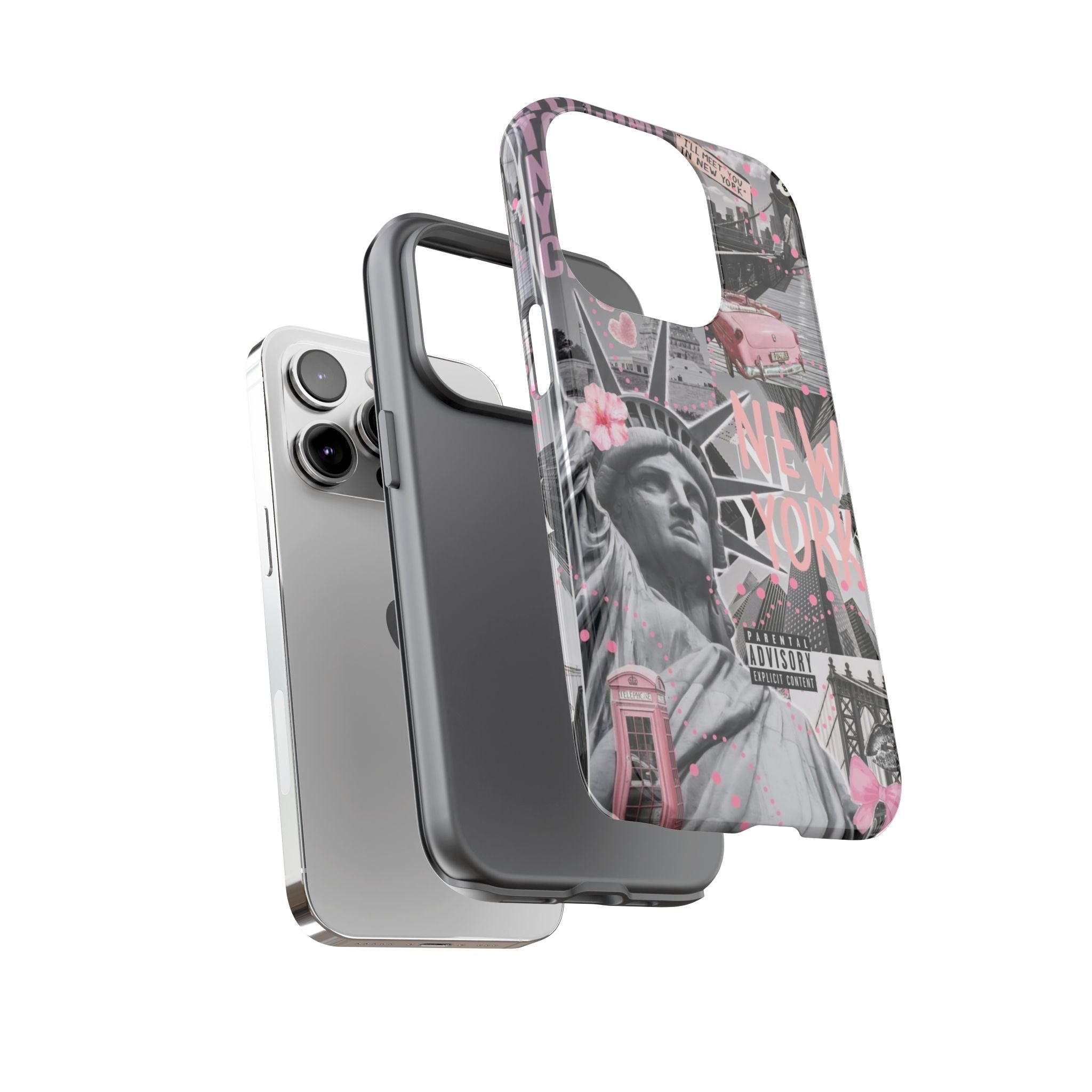 New York Collage Phone Case — Pink Retro Statue of Liberty Design