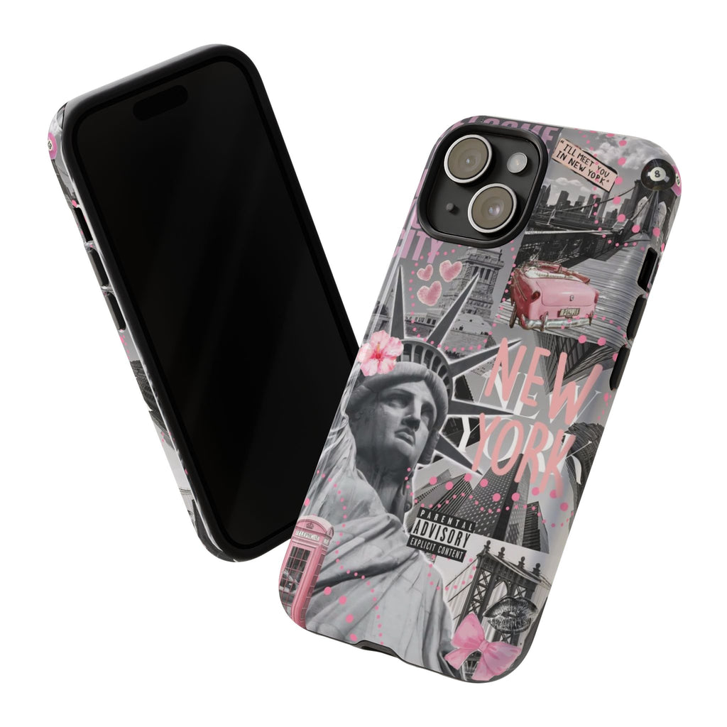 New York Collage Phone Case — Pink Retro Statue of Liberty Design