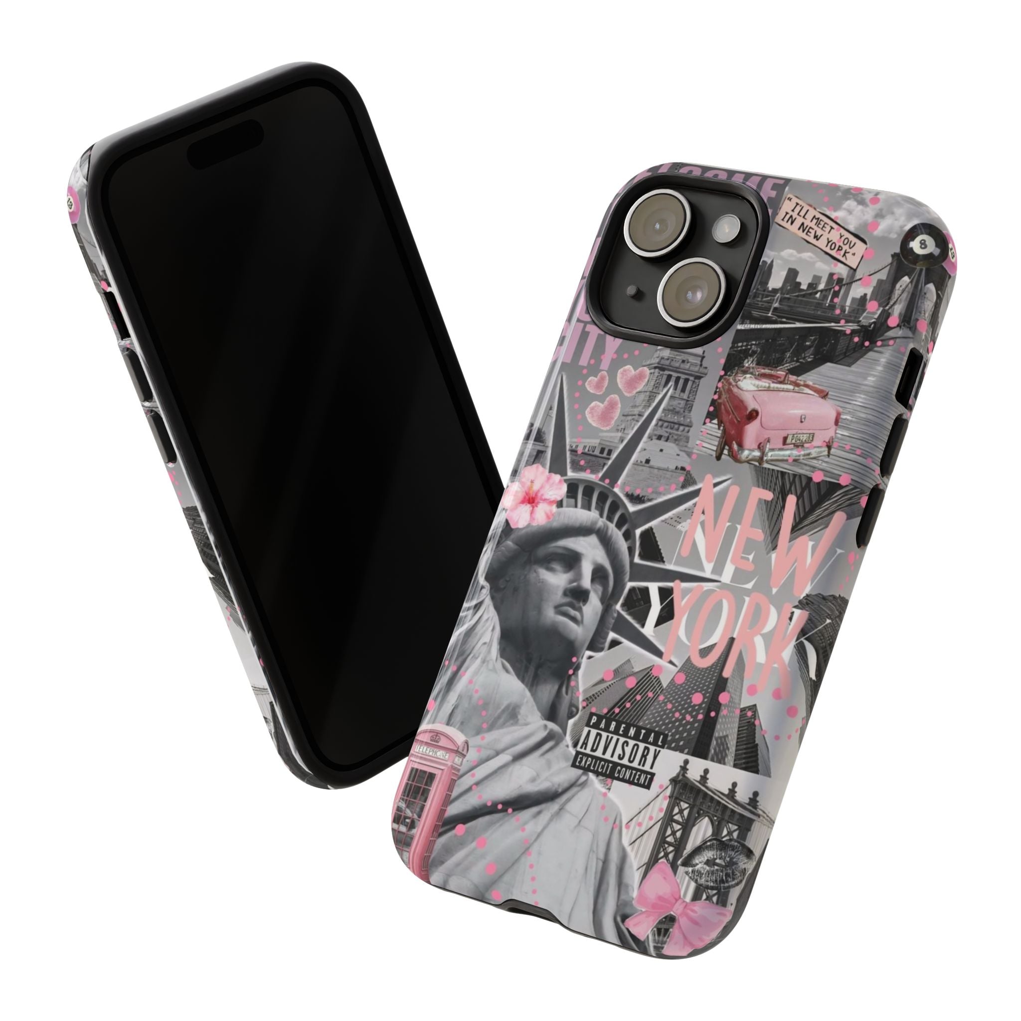 New York Collage Phone Case — Pink Retro Statue of Liberty Design