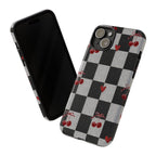 Cherry Checker Phone Case — Retro Black & White Plaid with Red Hearts