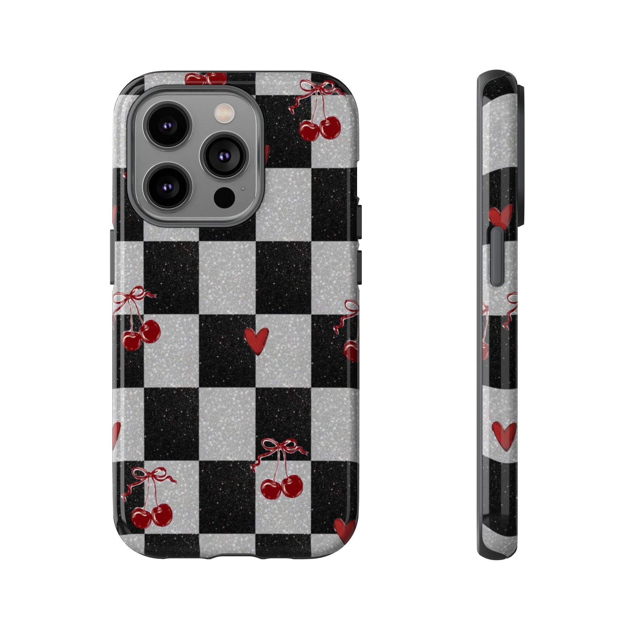 Cherry Checker Phone Case — Retro Black & White Plaid with Red Hearts