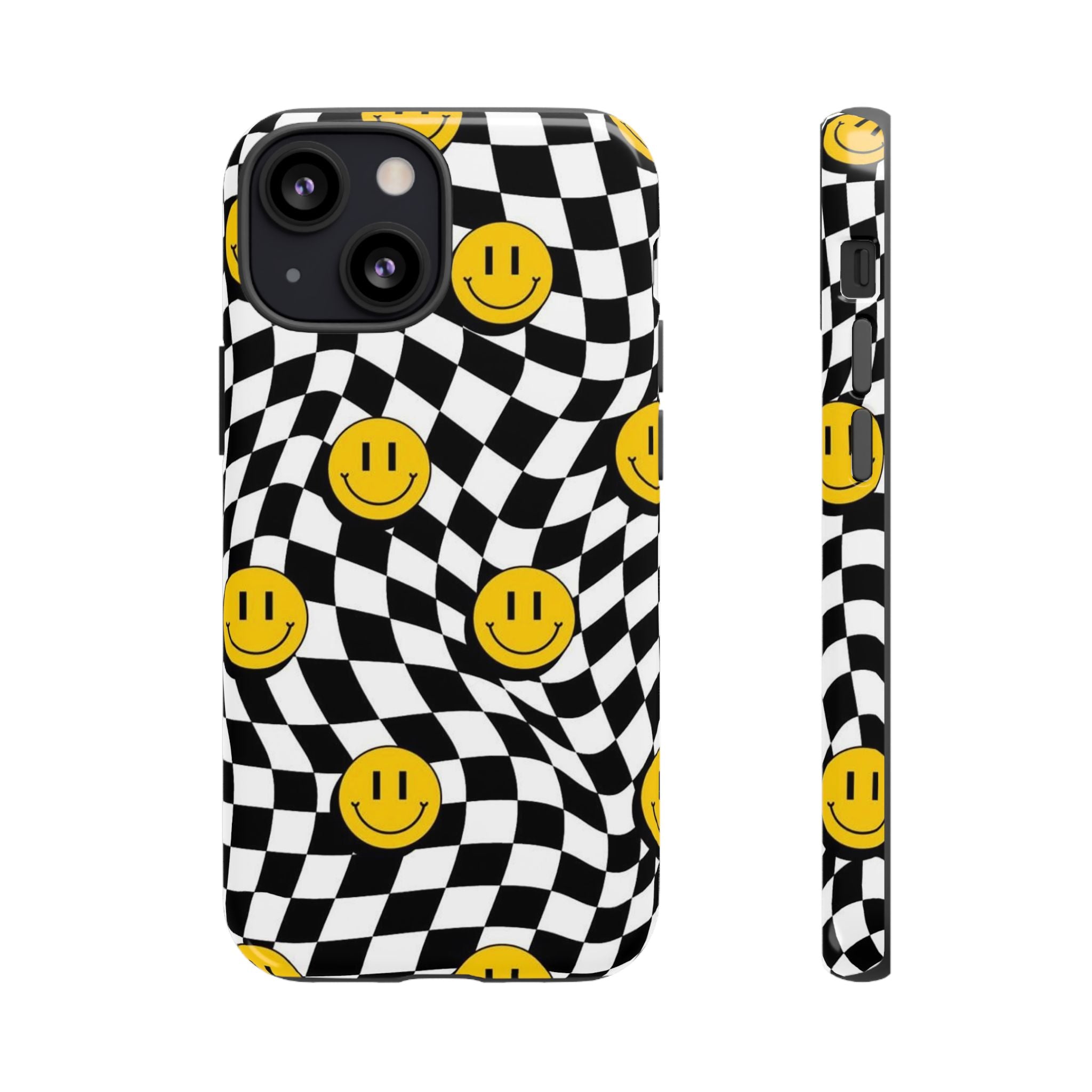 Smiley Checkerboard Tough Phone Case — Retro Wavy Black & White Design