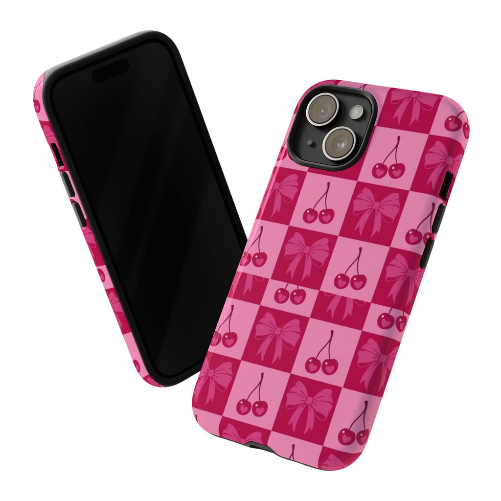 Cherry Checker Tough Phone Case — Pink Retro Bow Pattern