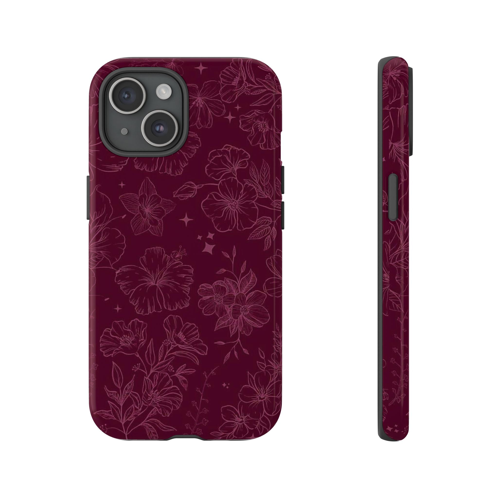 Burgundy Floral Tough Phone Case — Protective Hibiscus Pattern