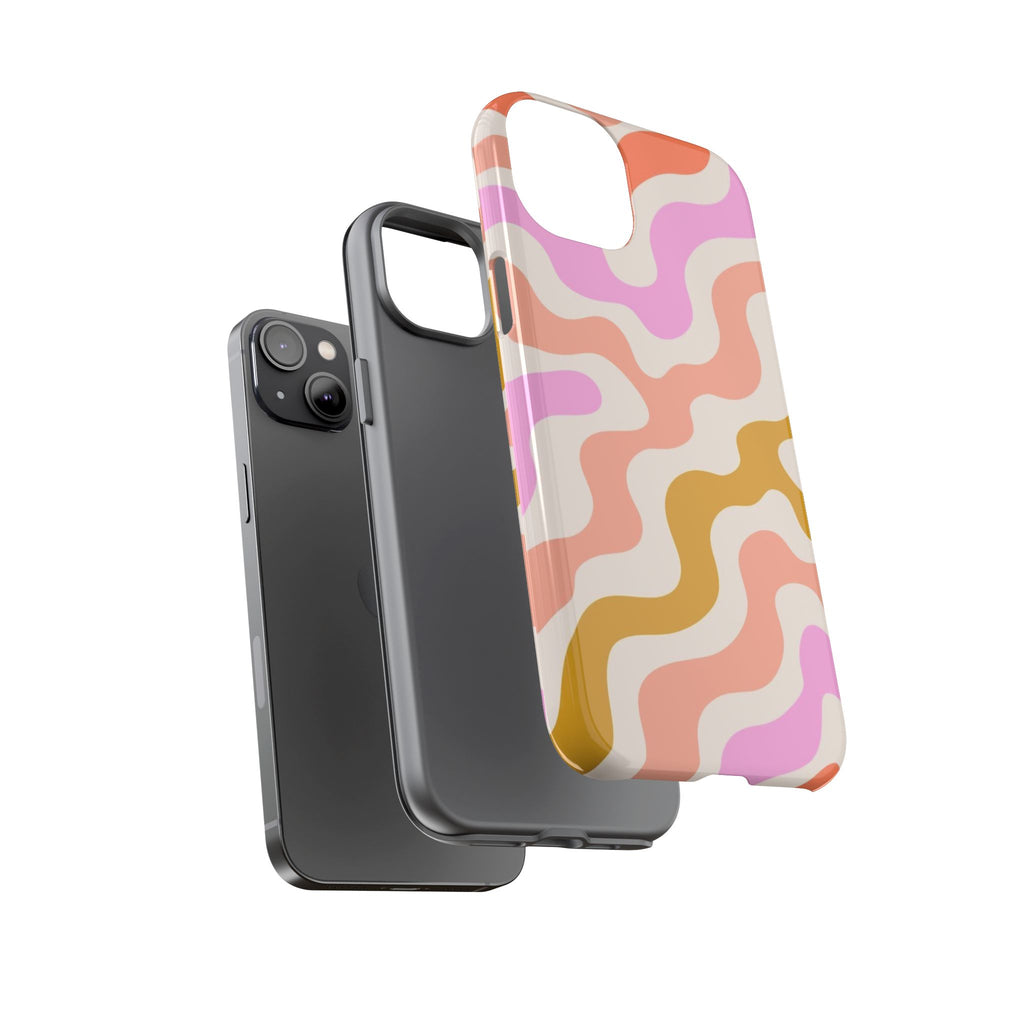 Retro Wavy Pattern Tough Phone Case — Pink, Peach & Mustard Abstract Design