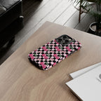 Cherry Checkered Phone Case — Pink Cherries on Black & White Checkerboard