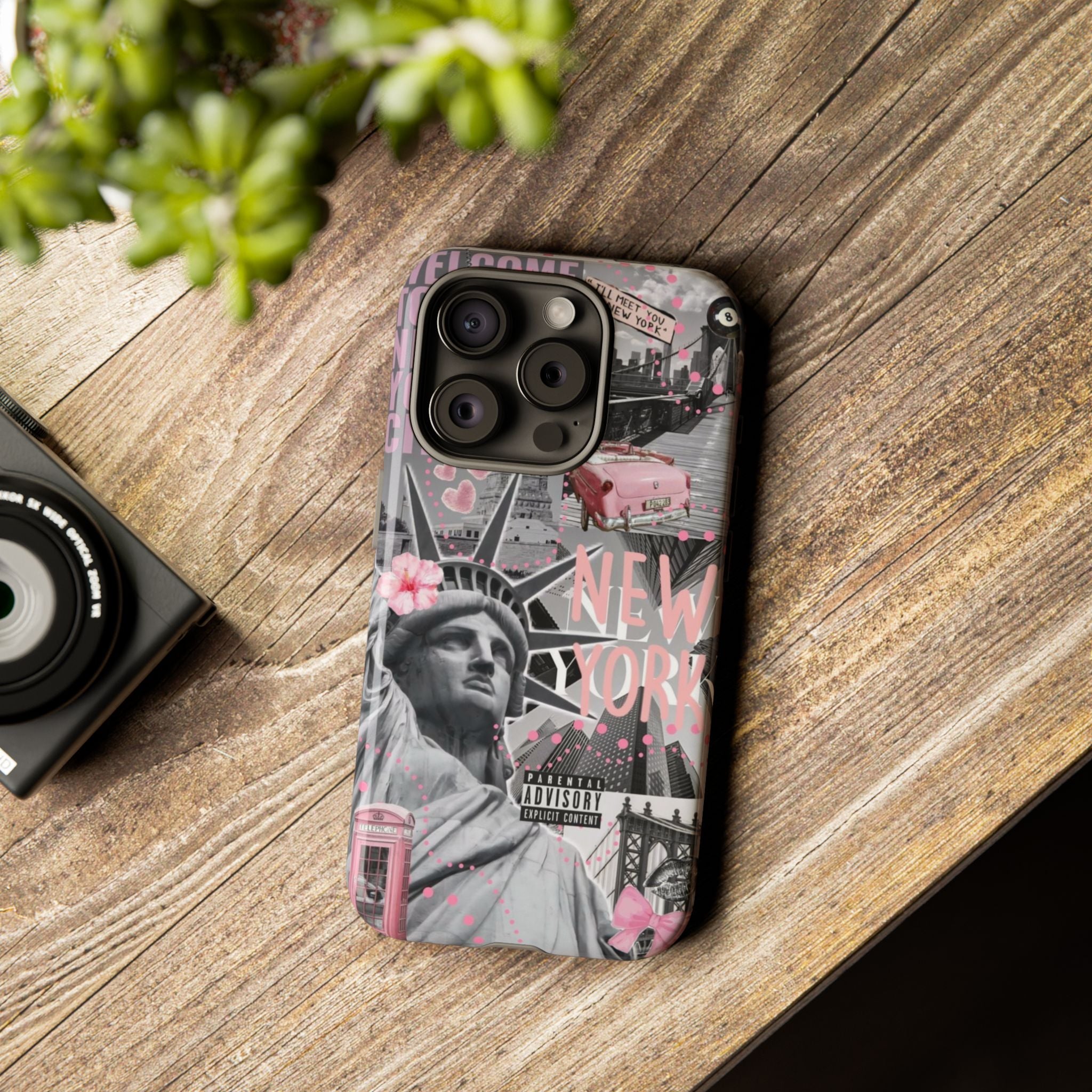New York Collage Phone Case — Pink Retro Statue of Liberty Design