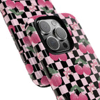 Cherry Checkered Phone Case — Pink Cherries on Black & White Checkerboard