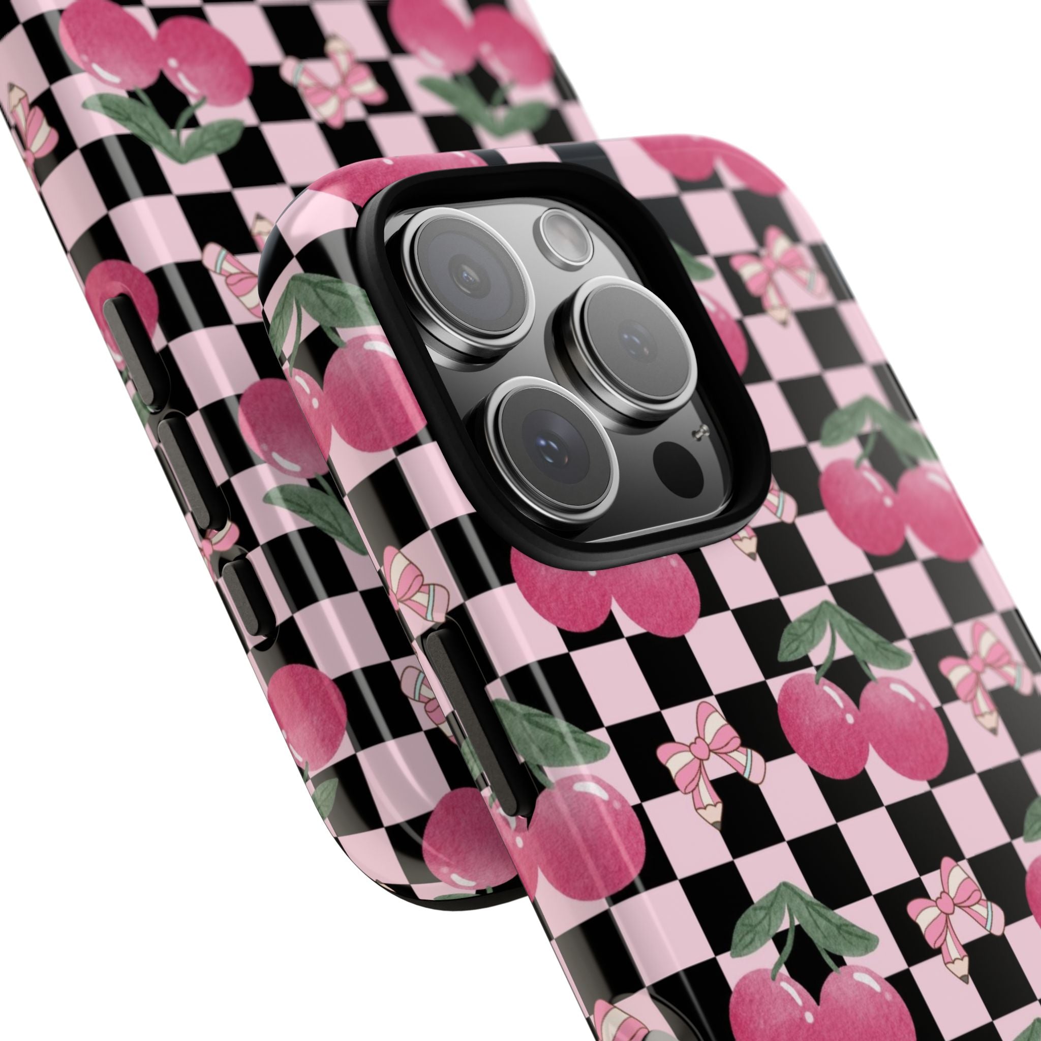 Cherry Checkered Phone Case — Pink Cherries on Black & White Checkerboard