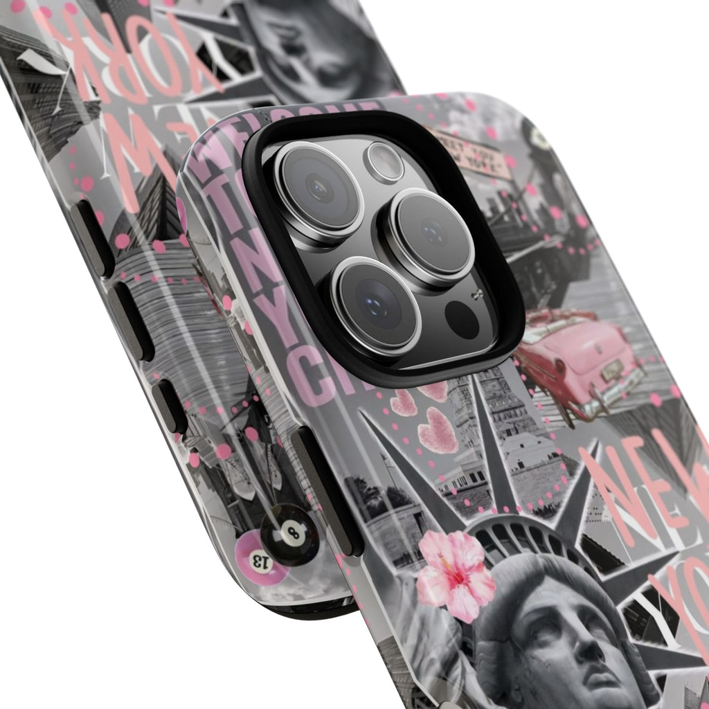 New York Collage Phone Case — Pink Retro Statue of Liberty Design