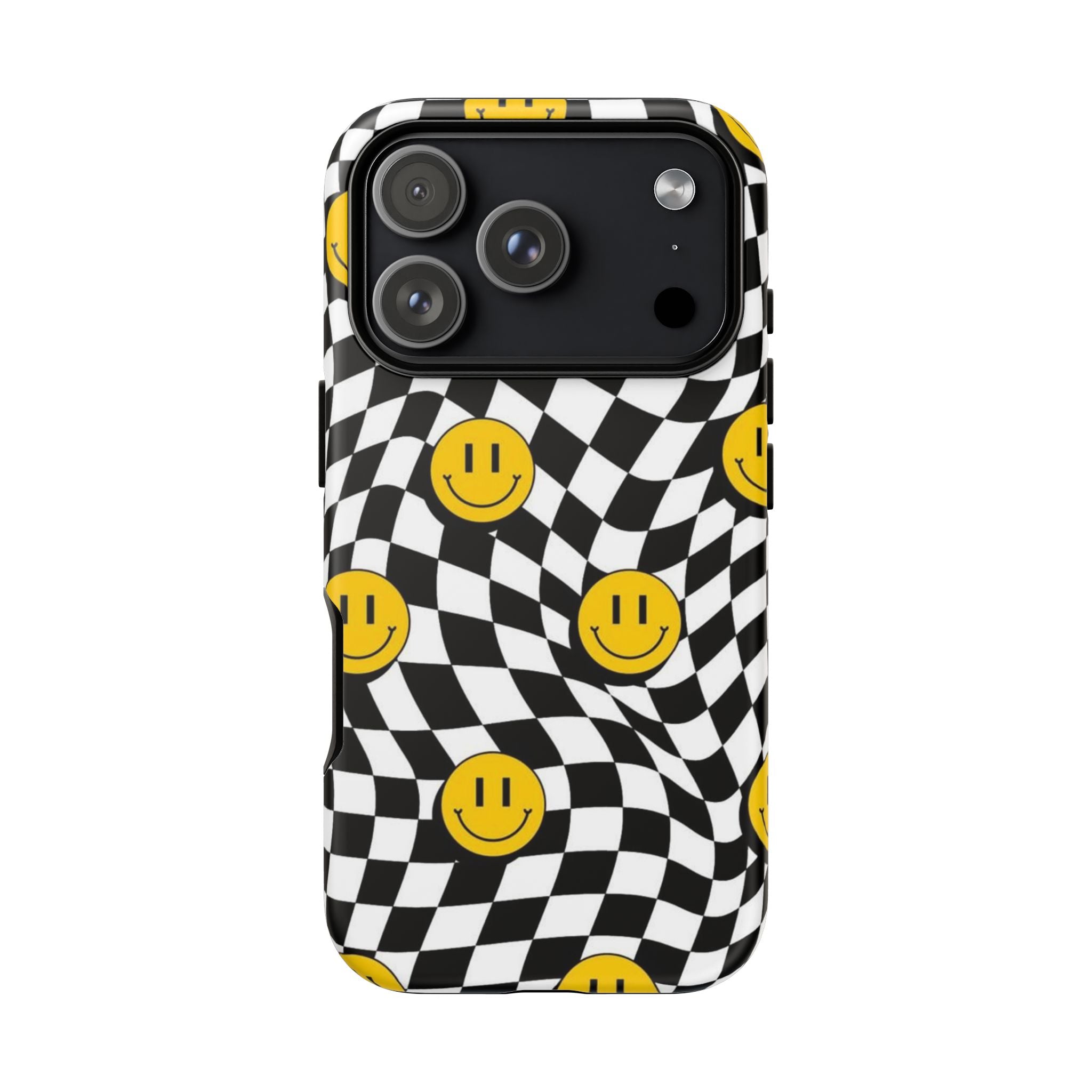 Smiley Checkerboard Tough Phone Case — Retro Wavy Black & White Design