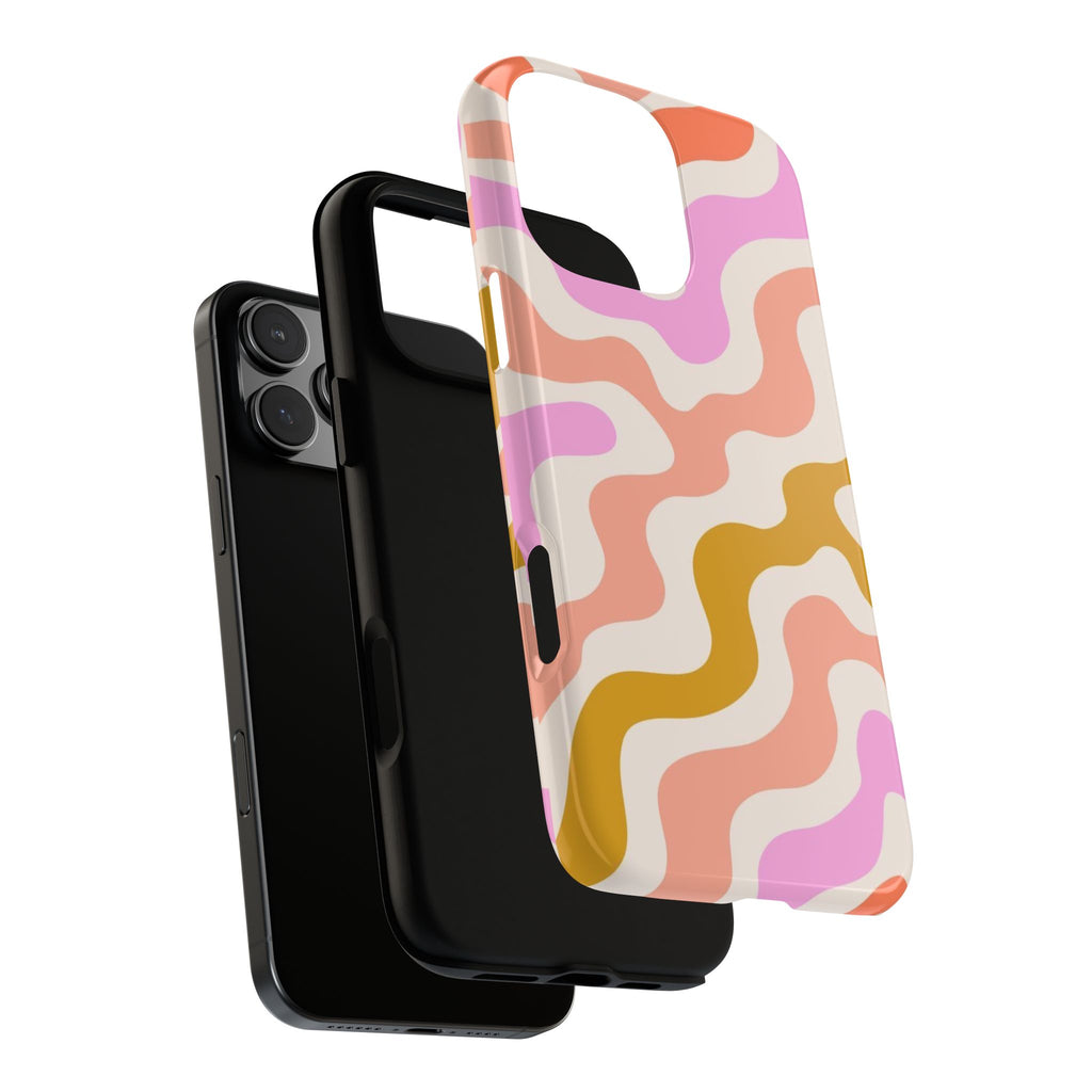 Retro Wavy Pattern Tough Phone Case — Pink, Peach & Mustard Abstract Design