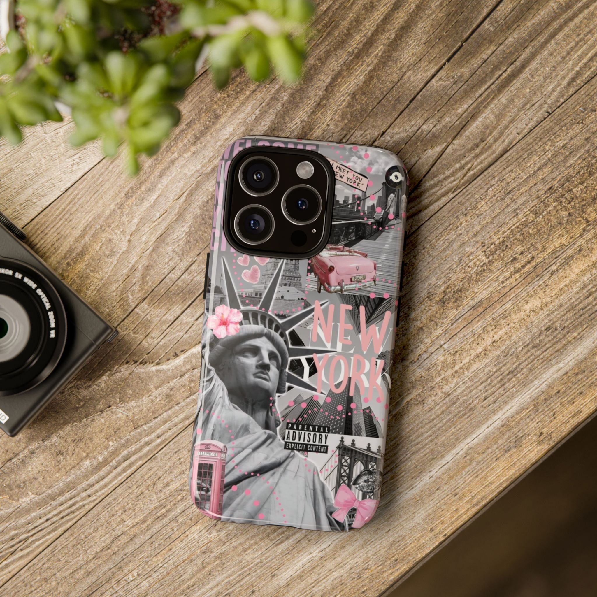New York Collage Phone Case — Pink Retro Statue of Liberty Design