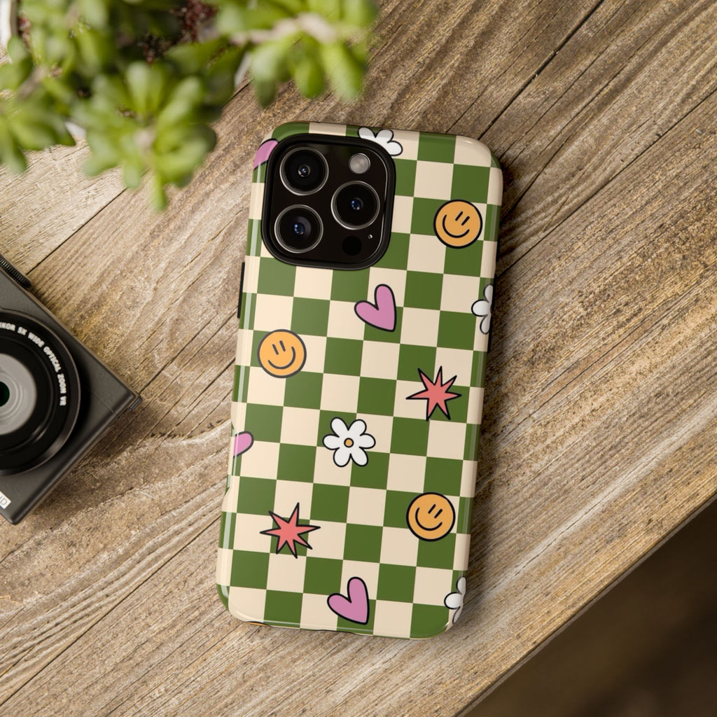 Green Checkered Floral & Smile Phone Case — Cute Heart, Daisy & Smile Pattern