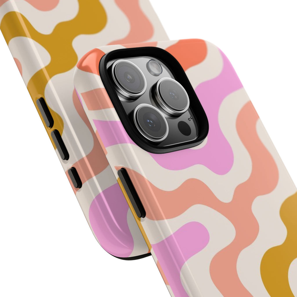 Retro Wavy Pattern Tough Phone Case — Pink, Peach & Mustard Abstract Design