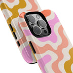 Retro Wavy Pattern Tough Phone Case — Pink, Peach & Mustard Abstract Design