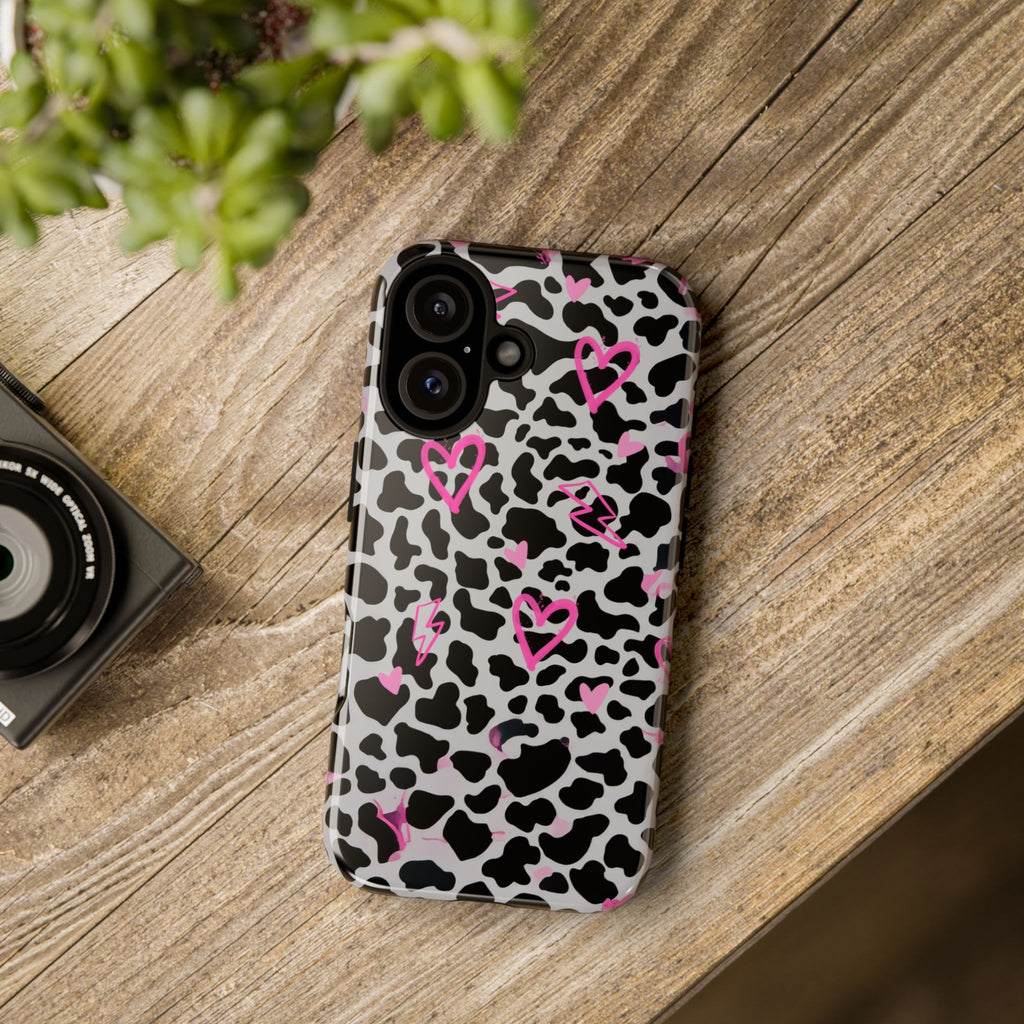 Phone Case — Black & White Cow Print with Pink Hand-Drawn Hearts