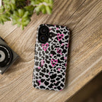 Phone Case — Black & White Cow Print with Pink Hand-Drawn Hearts