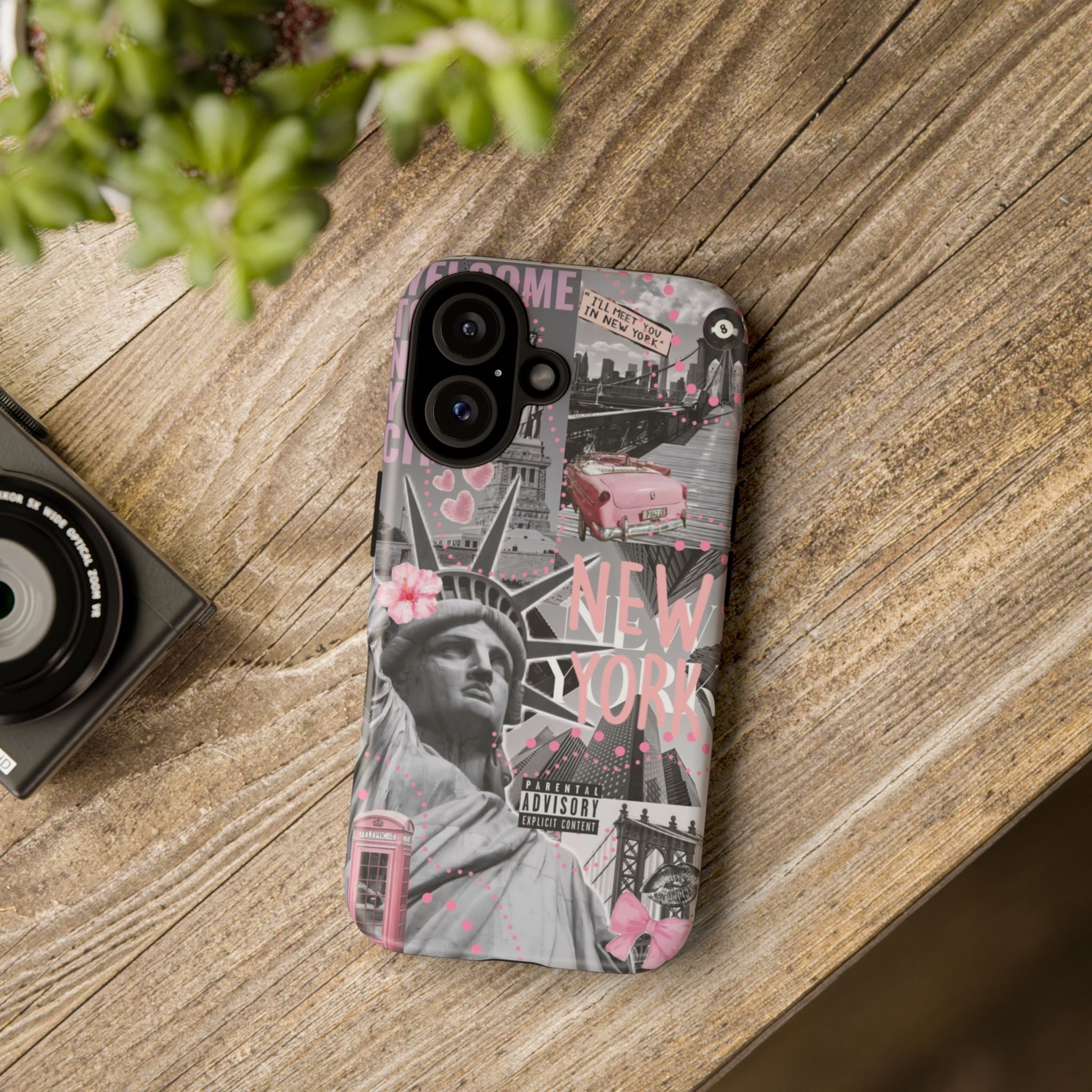 New York Collage Phone Case — Pink Retro Statue of Liberty Design