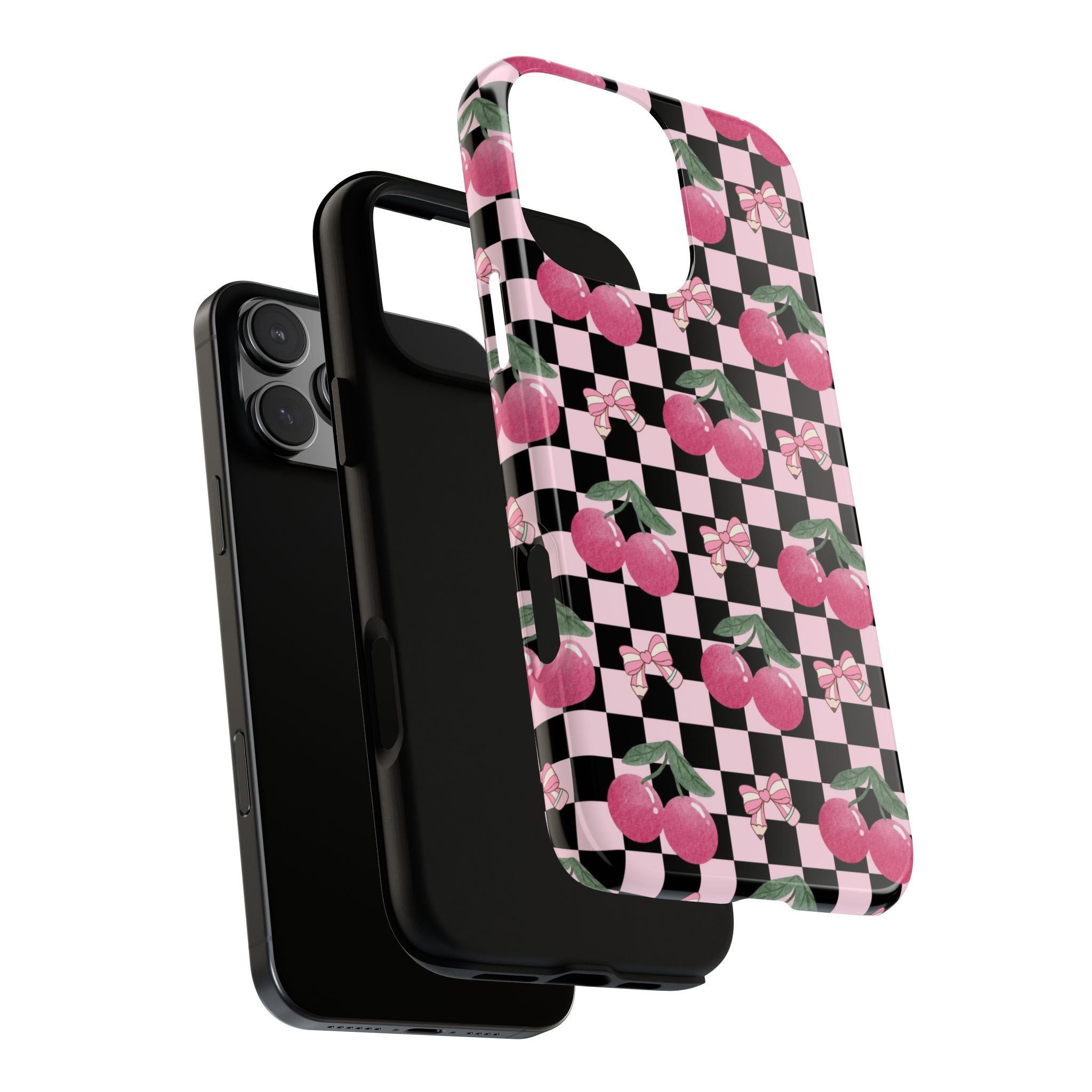 Cherry Checkered Phone Case — Pink Cherries on Black & White Checkerboard