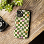 Green Checkered Floral & Smile Phone Case — Cute Heart, Daisy & Smile Pattern