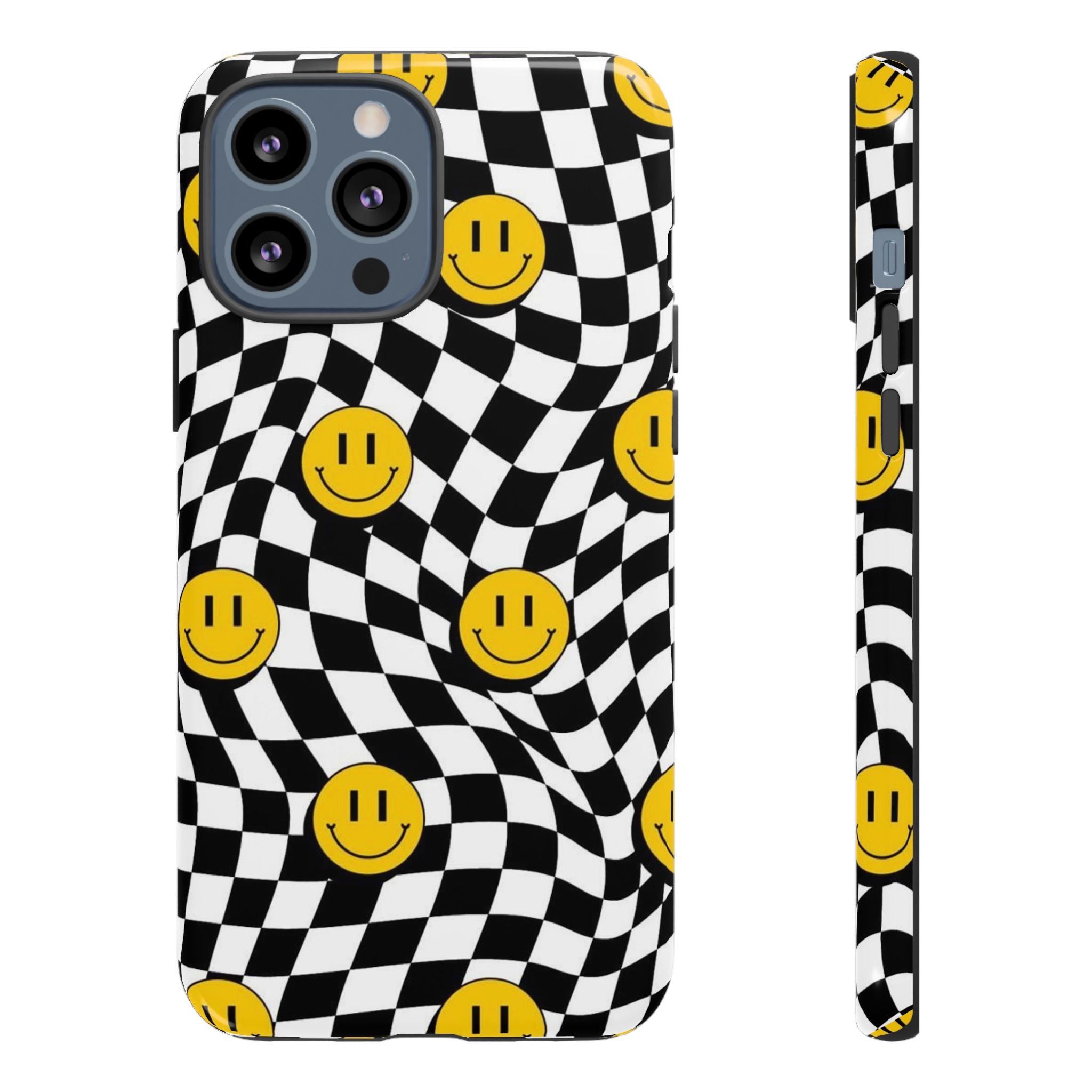 Smiley Checkerboard Tough Phone Case — Retro Wavy Black & White Design