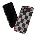 Cherry Checker Phone Case — Retro Black & White Plaid with Red Hearts