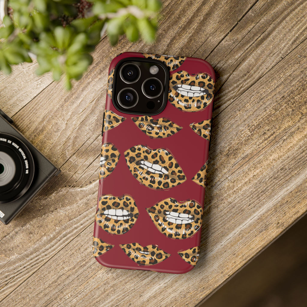 Phone Case — Leopard Lips Pattern on Burgundy