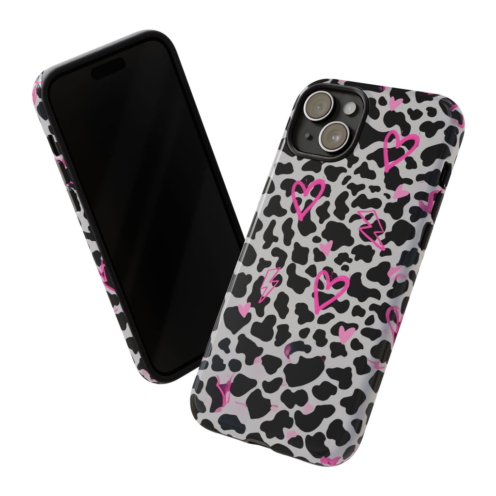 Phone Case — Black & White Cow Print with Pink Hand-Drawn Hearts