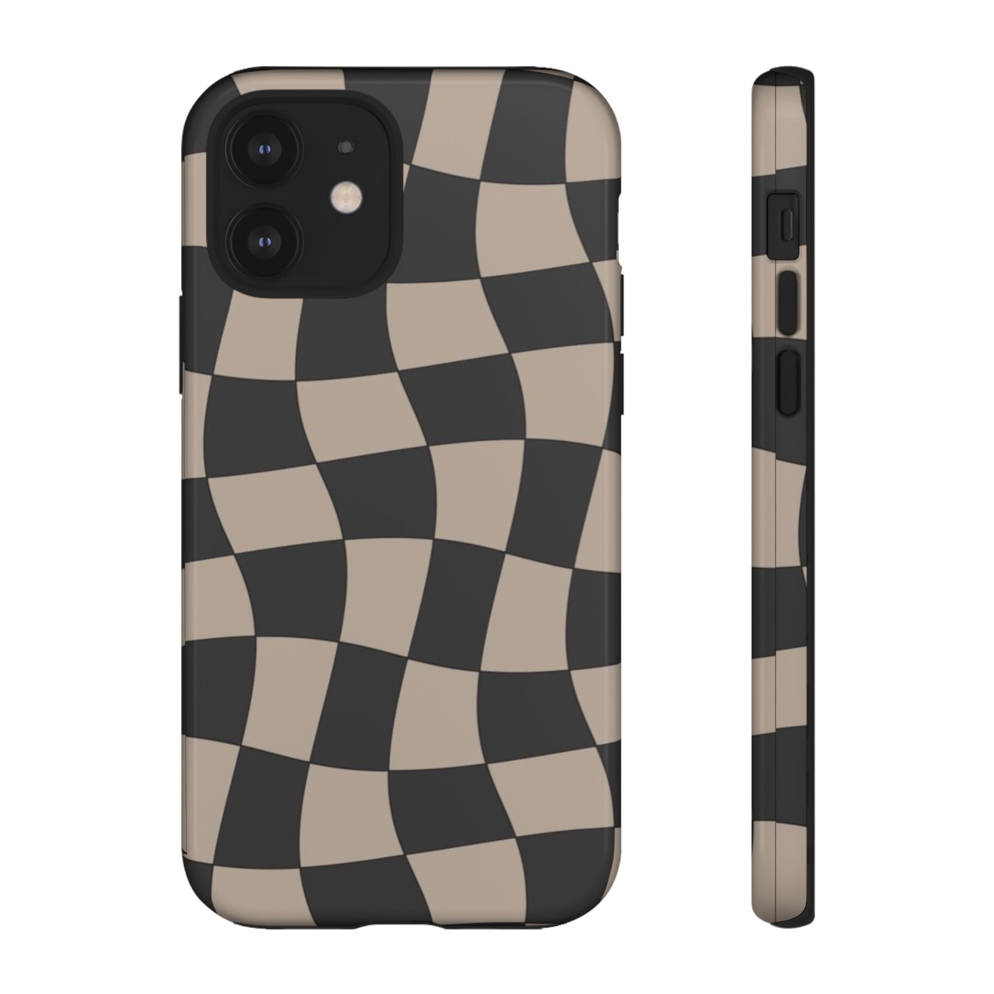 Wavy Checkerboard Phone Case — Retro Black & Beige Pattern, Durable Protective Cover