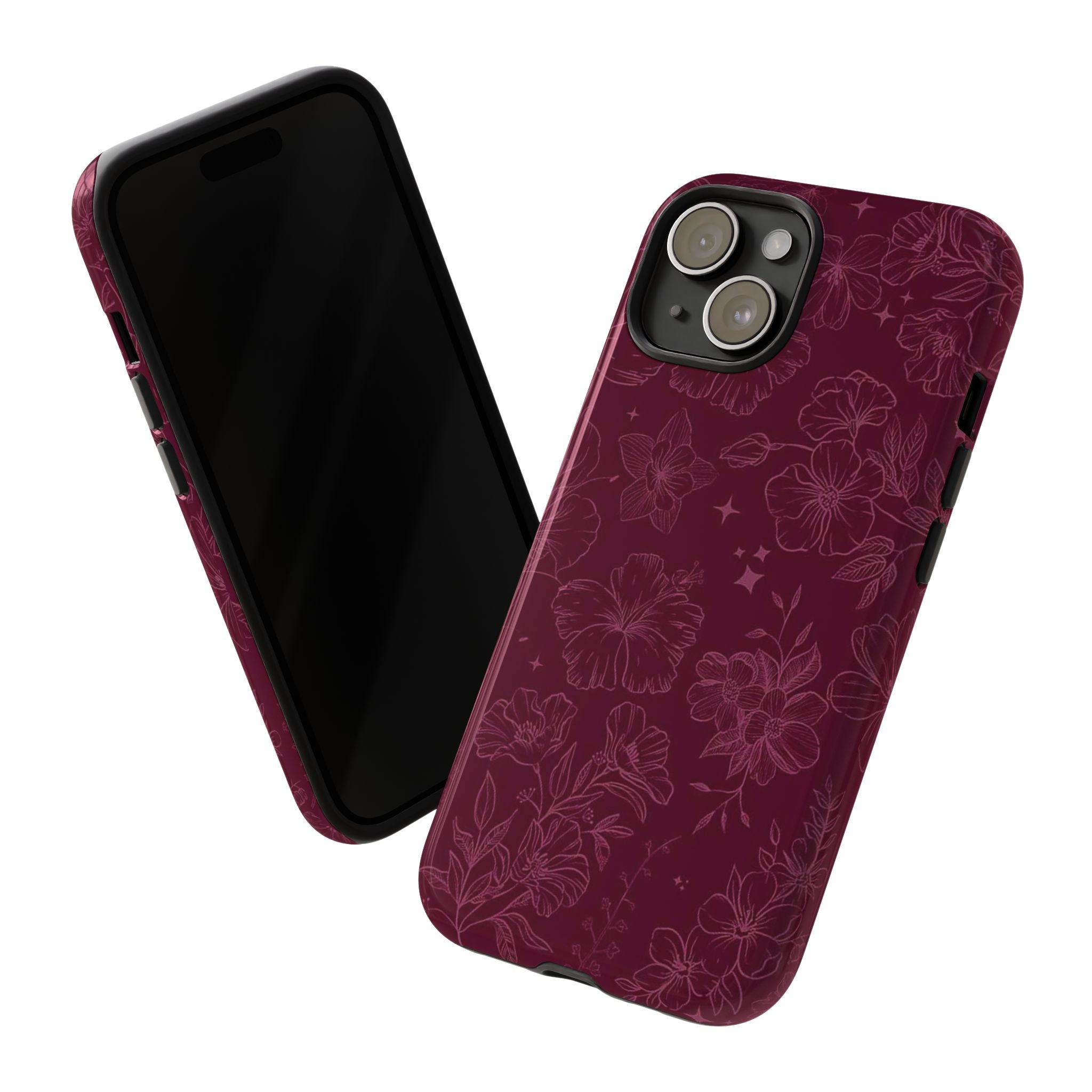 Burgundy Floral Tough Phone Case — Protective Hibiscus Pattern