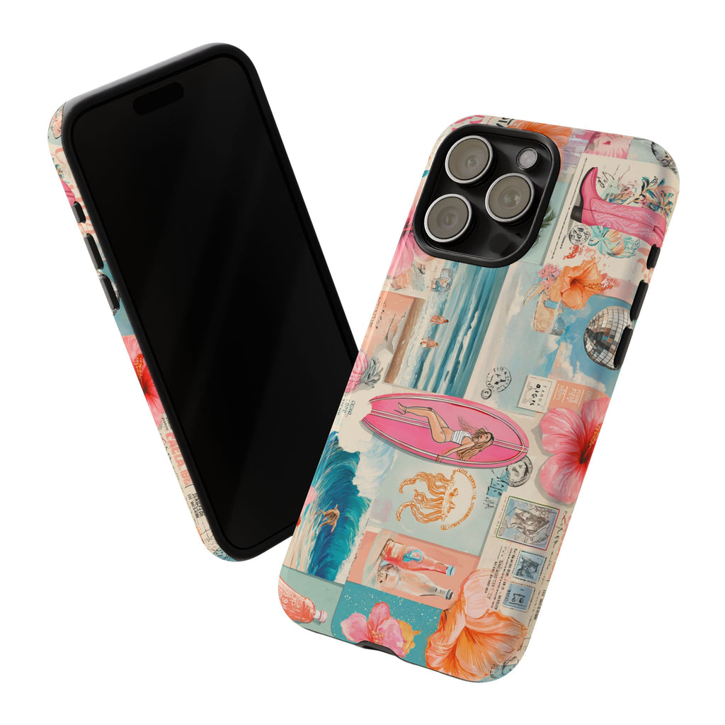 Tropical Surf Collage Phone Case — Vintage Hawaiian Floral & Surfboard Design